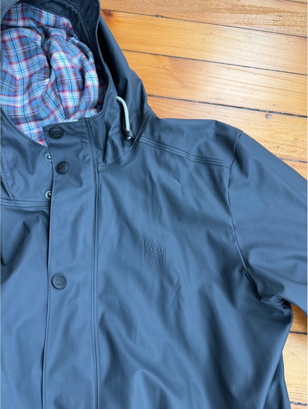 66°North Navy Gray Men's Raincoat Medium zip Buttons Hood PVC